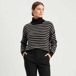 HALOGEN 100% Cashmere Turtleneck Sweater XL Women Black Cream Striped